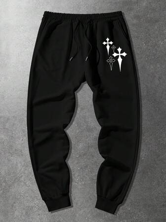 Grunge Punk Pantalones de chándal casuales con cordón y estampado de cruz para hombres
