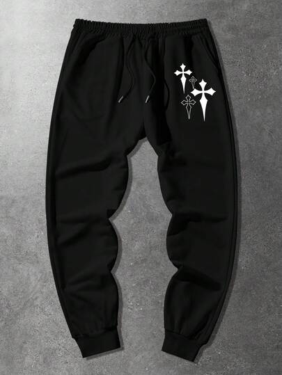 Grunge Punk Men's Cross Print Drawstring Waist Casual Sweatpants