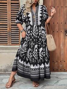Ceyna Plus Size Black Boho Random Print A Line Long Dress For Women Notched Neck Three Quarter Puff Sleeve Flared Ruffle Hem Woven Fabric Bohemian Style - Black - View 5