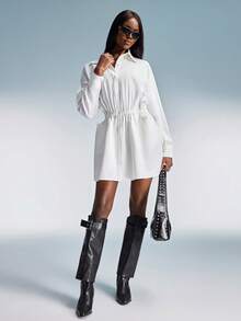 Aveloria GENKIRA New Oversized Simple White Casual Loose Dual Pocket Cinched Waist Versatile Long Sleeve Dress - White - View 4