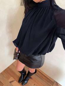 Aloruh Áo sơ mi nữ thanh lịch, màu trơn, cổ tàu, tay phồng, thích hợp cho công sở. - Màu xanh hải quân - Xem 4