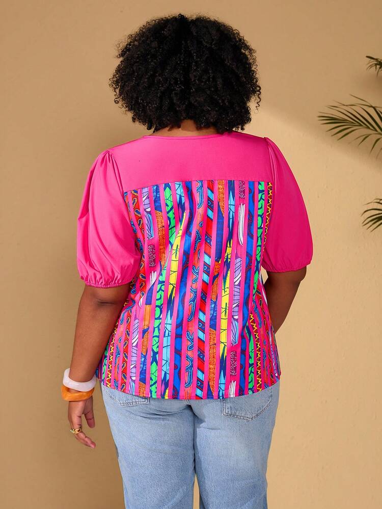 Plus Size Colorful Print Casual Vacation Blouse, Summer Spring Beach Vacation Bohemian, Going Out Tops