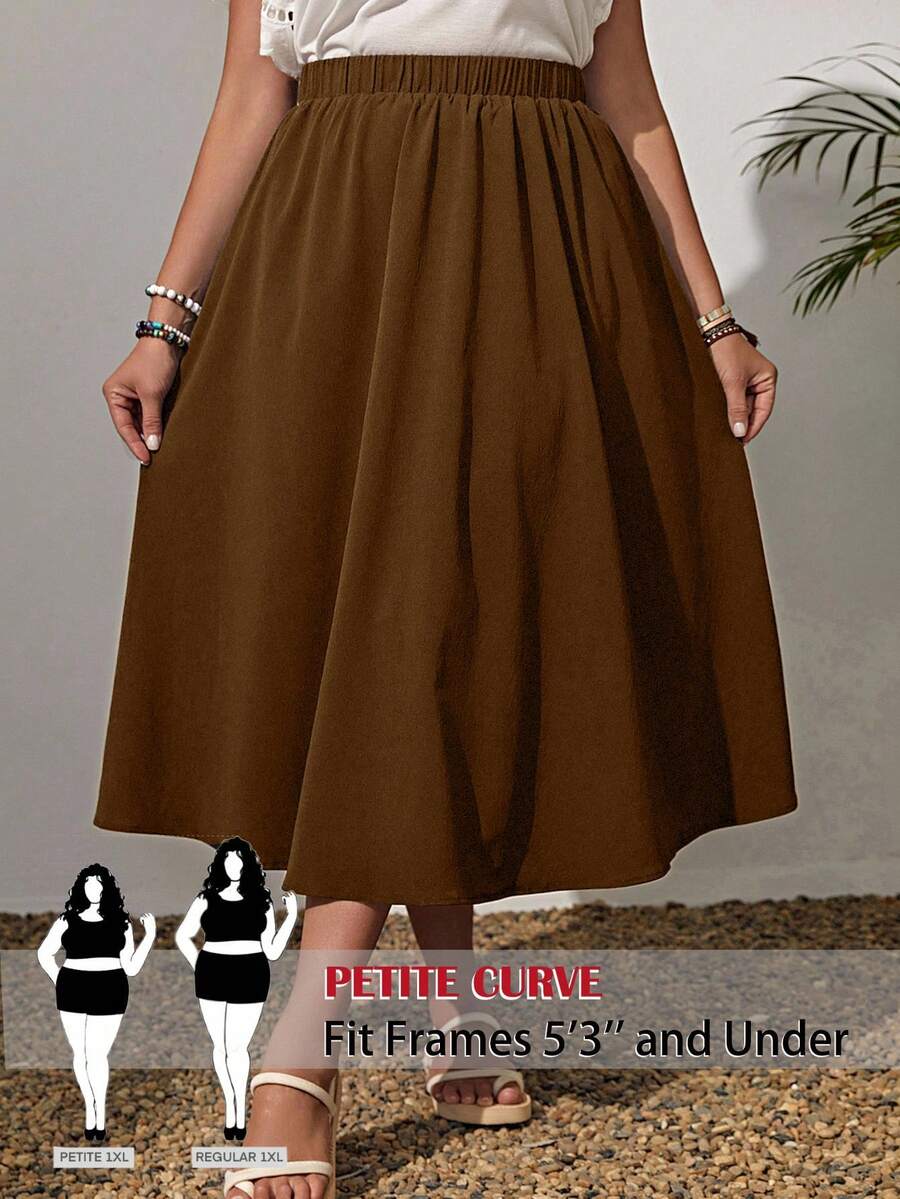 SHEIN PETITE CURVE Plusstorlek Enfärgad Elastisk Midja Swing Lös Sommarmode All-Match Kjol - Brun - Visa 1