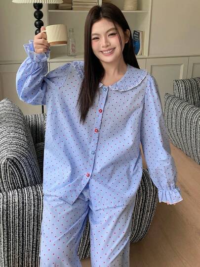 Dazy Plus 2pcs Plus Size Women Peter Pan Collar Loose Long Sleeve Top And Long Pants Pajama Set, Blue, Spring/Autumn