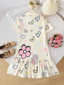 SHEIN Tween Girl Ditsy Floral Knit Casual Dress - White - View 2