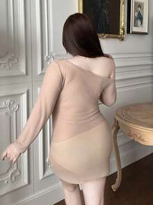 DAZY Sheer Mesh One Shoulder Long Sleeve Lingerie - Khaki - View 2
