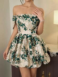 Poshira Women's Floral Jacquard Off-Shoulder Ruffle Hem Elegant Ball Gown Dress - Blue - View 4