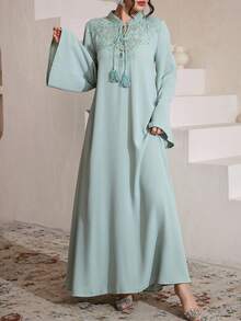 SHEIN Najma 女士阿拉伯风格长袖连衣裙，立领，流苏和贴花拼接设计 - 綠色 - 查看 8