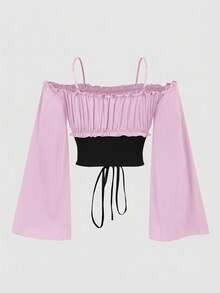 ROMWE Fairycore 女士露肩荷叶边系带时尚百搭休闲上衣 - 彩色 - 查看 2