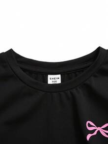 Girlism Tween Girls 2pcs/Set Black Knit Round Neck Short Sleeve Ruched Waist Bow Print Cropped Tight T-Shirt And Loose Wide Leg Pants/Sweatpants Casual Outfit - Black - View 8
