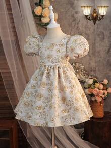 SHEIN Đầm thanh lịch tay phồng họa tiết hoa jacquard trang trí nơ cho bé gái - Rượu sâm banh - Xem 11