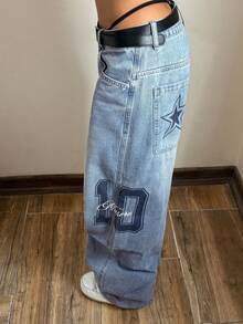 StreetHx 女士时尚休闲街头风星形印花阔腿牛仔裤 - 淺色水洗藍 - 查看 3