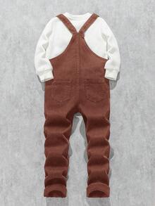 Young Boy Letter Print Pocket Casual Versatile Daily Wear Denim Bib Pants - Rust Brown - View 3