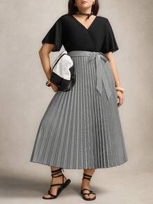 Zelara SHEINLUNE Plus Size Women's Rainbow Pleated V-Neck Lantern Sleeve Tie-Waist Dress Graduation Elegant Women Dress Wedding Guest Dress Women Vacation Outfits Woman Modest Beach Outfits For Glamorous Woman Festival Sundress Birthday Dresses For Women Pride Day - Multicolor - View 5