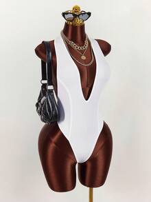 Amplova Women's Halter V-Neck Bodysuit, Backless Sexy & Avant-Garde, White Textured Fabric - White - View 2