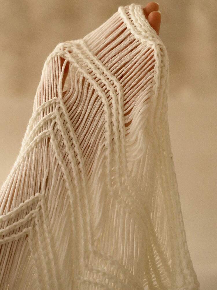 SPAGHETTI STRAP CROCHET HOLLOW OUT FLOWY TASSEL SHEER VACATION KNIT COVER UP