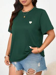 SHEIN Frenchy Plus Size Casual Heart Embroidered Round Neck Short Sleeve T-Shirt, Summer Tops - Green - View 6