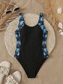 SHEIN Tween Girl Tropical Print Patchwork One-Piece Swimsuit - Multicolor - View 3