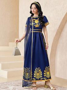 SHEIN 优雅少女睡袍，缎带装饰，花卉刺绣，A字廓形，收腰设计，飘逸长裙，中东风格，适合春夏穿着。 - 寶藍色 - 查看 4