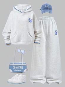 Sparklyn 2件套少女宽松休闲连帽衫套装，扎染印花拼接撞色滚边长袖上衣搭配阔腿裤，适合日常、通勤、休闲、度假、聚会、街头穿搭。 - 淺灰色 - 查看 1