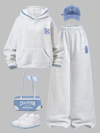 Sparklyn 2pcs/Set Teen Girls Loose Casual Hoodie Design Tie-Dye Print Patchwork Contrast Trim Long Sleeve Top & Wide Leg Pants Set, Suitable For Daily, Commute, Leisure, Vacation, Gathering, Street Snap