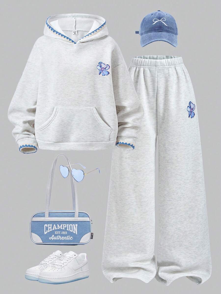 Sparklyn 2件套少女宽松休闲连帽衫套装，扎染印花拼接撞色滚边长袖上衣搭配阔腿裤，适合日常、通勤、休闲、度假、聚会、街头穿搭。 - 淺灰色 - 查看 1