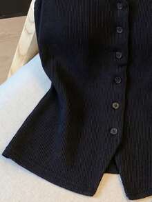 GlowEve Women's Black Solid Color Jacquard Lace Patchwork Backless Design Button Front Elegant Sleeveless Top, Suitable For Birthday, Date, Party, Valentine's Day, Carnival, Easter, Labor Day, Travel, Spring/Summer