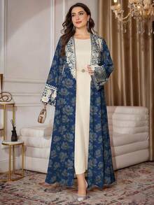 SHEIN Najma Plus Size Women's Floral Textured Oil Painting & Pattern Print Long Sleeve Casual Abaya Cardigan Maxi Jacket, Spring/Autumn - Multicolor - View 4