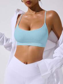 SHEIN Sovereign Charm 女士纯色无缝健身运动背心 - 淺藍色 - 查看 7