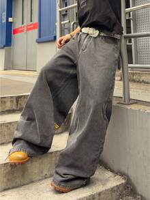 ROMWE MEN Grunge Punk Quần jeans nam ống rộng dáng suông thêu hình rồng, phong cách thường ngày. - Xám - Xem 4