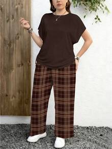EMERY ROSE Conjunto casual minimalista de 2 piezas con estampado de cuadros retro y estampado de leopardo, adecuado para festivales de música - Multicolor - Ver 6