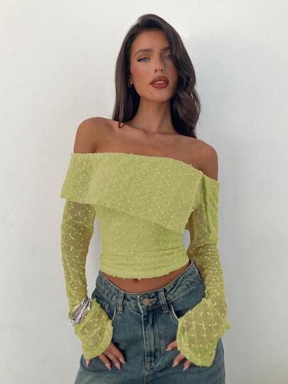 Aloruh Women's Casual Commuter Solid Color Textured Off-Shoulder Top