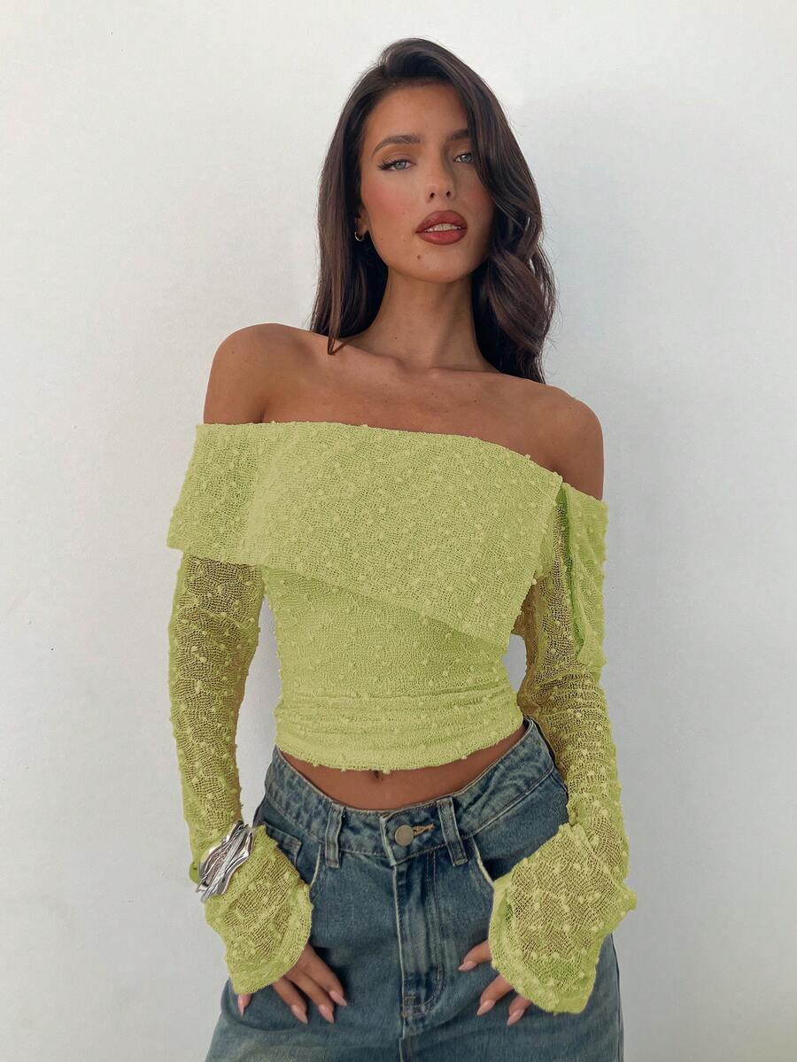 Aloruh Women's Casual Commuter Solid Color Textured Off-Shoulder Top - Green - View 1