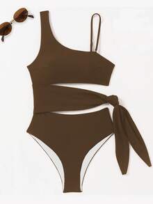 Swim Vcay 女士纯色镂空系带连体泳衣，适合海滩/度假穿着，棕色连体泳衣，镂空连体泳衣，棕色连体泳衣，曲线泳衣套装，全包覆泳衣，巧克力棕色连体泳衣，不对称镂空泳衣，单肩高衩泳衣，镂空连体泳衣，单肩泳衣，棕色比基尼侧镂空连体泳衣，度假风连体泳衣，2026夏季泳衣，显瘦泳衣，奢华度假装，度假必备 - 咖啡棕 - 查看 3