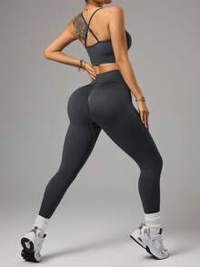 Slayform 2pcs/Set Racerback Sports Bra & High Waist Leggings Set, Seamless Ribbed Fabric, Comfortable Yoga & Fitness Outfit,Gym Set - Dark Grey - View 3