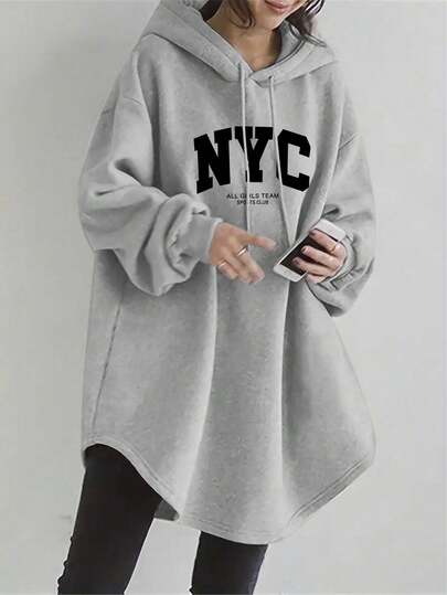 EMERY ROSE Plus Size Women Letter Print Drop Shoulder Long Sleeve Drawstring Hooded Loose Casual Sweatshirt