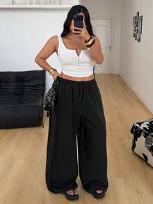 Coolane Women's Plus Summer Country Concert Going Out Beach Boho Basic Minimalist Washed 100% Cotton Curved Hem Pants - Black - View 5