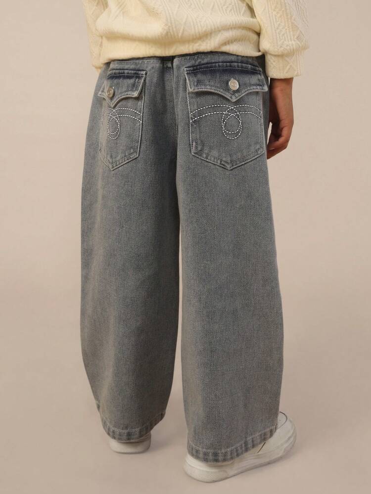 Wide Leg Denim Jeans With Contrast Stitching
