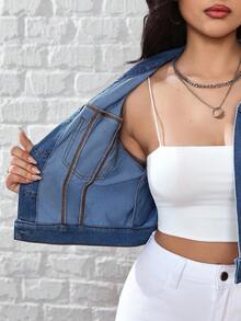 Flexra 女士休闲水洗短款牛仔外套 - 藍色 - 查看 8