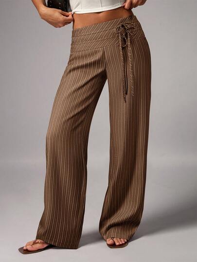 Avenya Striped Low Waist Wide Leg Floor Length Pants With Dual Waist Tie Decoration