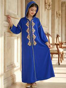 SHEIN 少女海军蓝碎花儿童长袍，带帽连衣裙，优雅复古碎花刺绣，少女休闲简约传统长袖阿拉伯连衣裙，适合春夏穿着，优雅端庄长袖连衣裙，祈祷长袍，舒适休闲，休闲装，度假风，端庄卡夫坦长袍，儿童长袍，少女长袍 - 藍色 - 查看 6