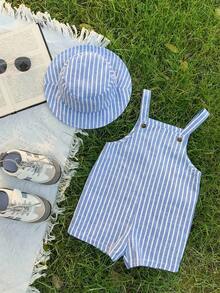 Set de 2 piezas de peto a rayas y sombrero de cubo de verano para bebé niño/niña, conjunto casual para el hogar, salidas y playa - Multicolor - Ver 9