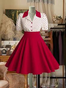 Sweetra Plus Size Polka Dot Patchwork Solid Color Mini Dress, Spring/Summer - Red - View 5