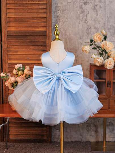 SHEIN Glamorique Kids Partywear, Flower Girl, Prom Dress, Backbow, Baby Girls Princess Dress, Double-Layer Tulle Skirt Dress, Blue Tulle Dress, White Pearl, Confident & Proud Puffy Dress, All Season