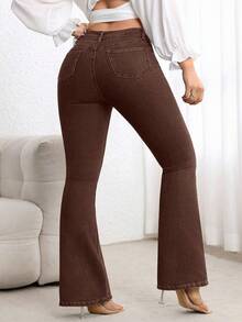 Flexra Plus Size High Waist Slim Fit Flare Leg Washed Dark Blue Jeans - Coffee Brown - View 2