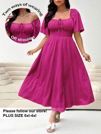 Solflare Vestido de manga larga color fucsia talla grande, primavera/verano