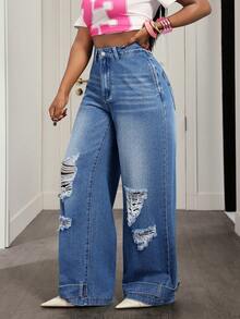 Slaydiva Women's Pocket Button Distressed Design Casual Versatile Commuting Flare Leg Jeans - Medium Wash - View 8