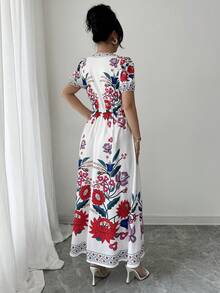 SHEIN PETITE 女士印花V领短袖系带优雅浪漫休闲日常连衣裙，适合约会、通勤、外出就餐、春夏穿着 - 彩色 - 查看 2