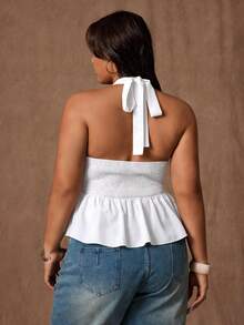 Rustia Plus Size Women's Solid Color Deep V-Neck Ruffle Hem Casual/Work Sleeveless Top - Beige - View 2