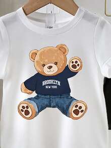 SHEIN Playful Pals 男婴夏季两件套，圆领短袖卡通熊印花T恤搭配黑色短裤，可爱时尚，适合夏季户外穿着，简约户外运动和街头风格。 - 彩色 - 查看 5